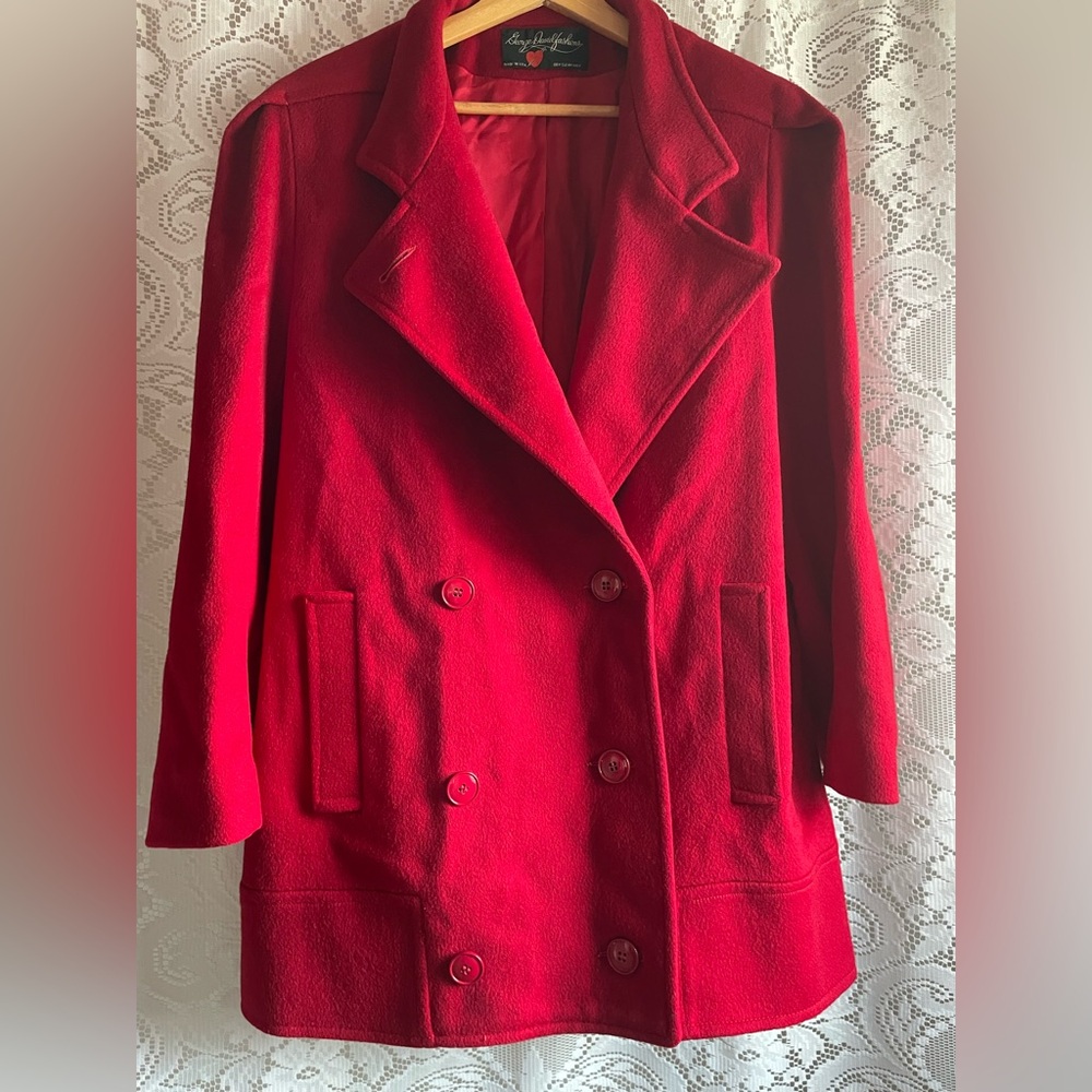 VINTAGE Women's XL Red Elegant Double-Breasted 100% Wool Coat
